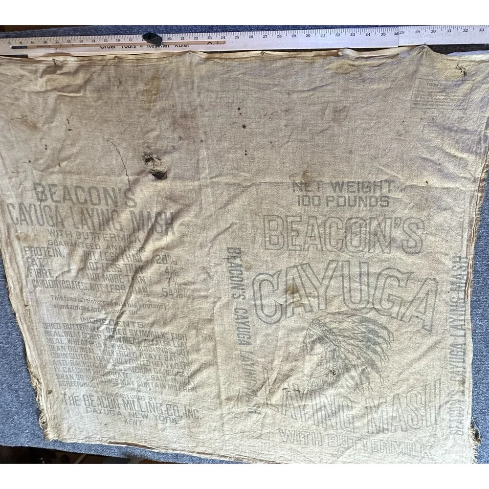 Vintage Cayuga Chicken Feed Bag‎ Beacon Milling Co Laying Mash Indian Chief Head